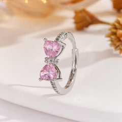 Dainty Crystal Bow Open Ring – Adjustable Silver Ring