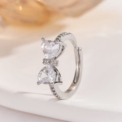 Dainty Crystal Bow Open Ring – Adjustable Silver Ring