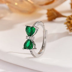 Dainty Crystal Bow Open Ring – Adjustable Silver Ring